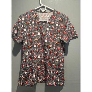 Scrubaid Women L Santa Snowman Print Stretch Top Slinky Poly Spandex Holiday